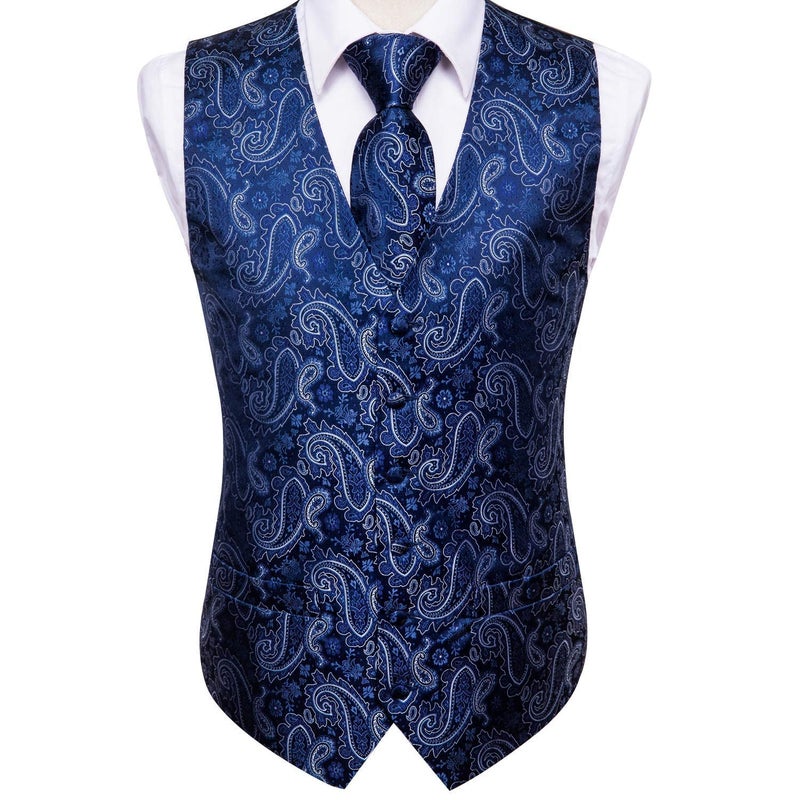Hi-Tie Navy White Silk Paisley Suit Vest for Mens Tie Handkerchief Jacquard Formal Dress Waistcoat for Tuxedo Wedding Party Business - Image 5